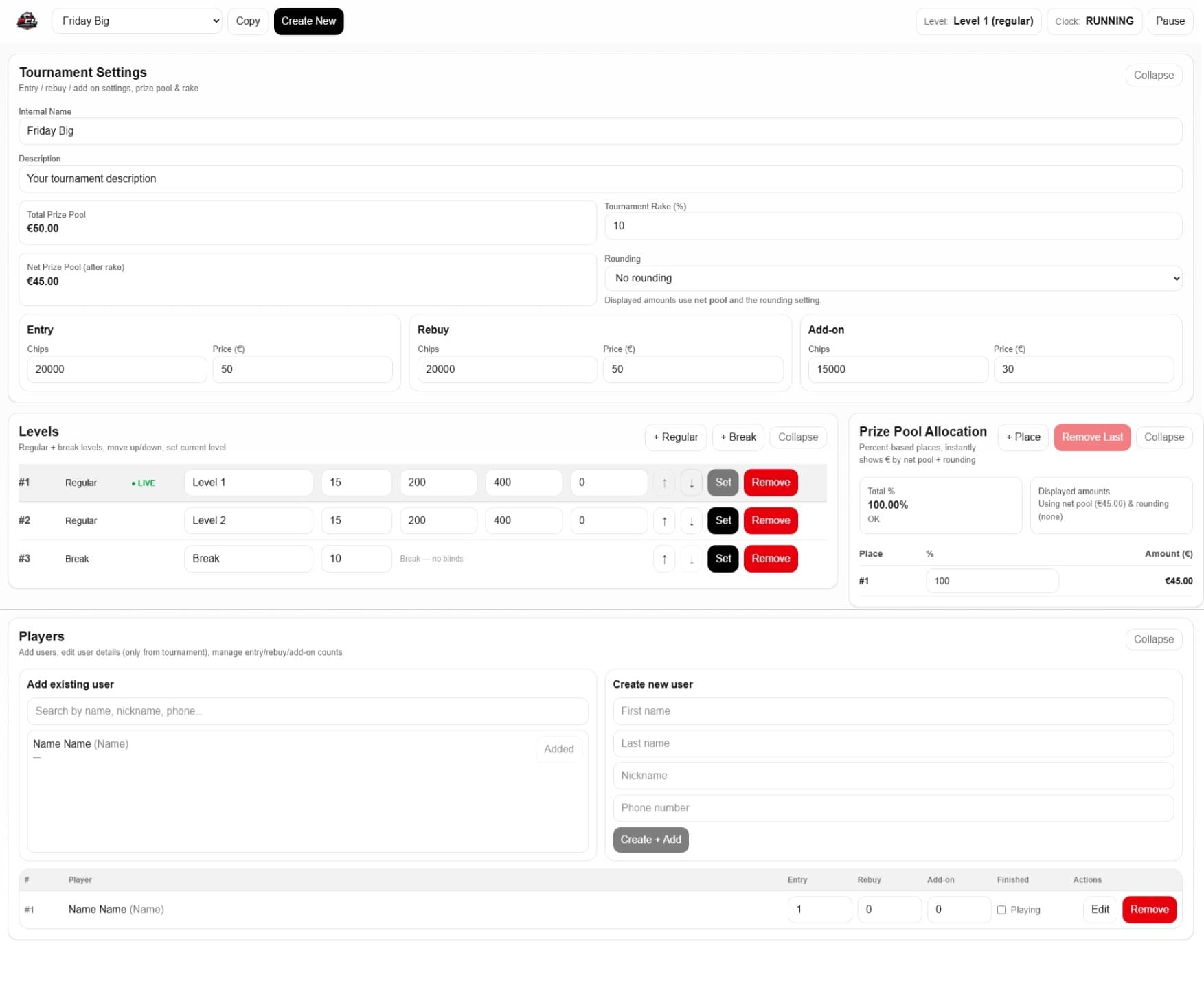 Poker tournament management dashboard
